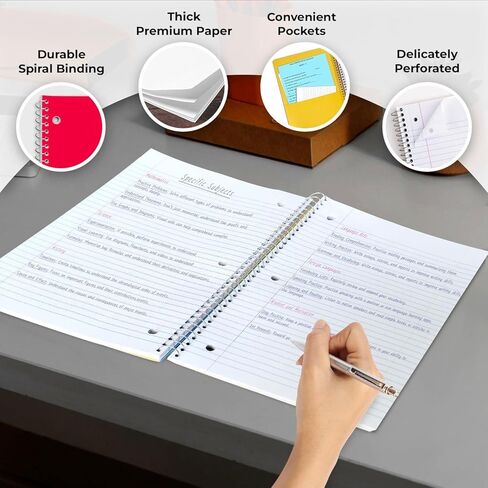 5 Subject Notebook Wide Ruled, 6 Pack, 300 Pages (150 Sheets), 8 x 10-1/2", 5 Subject Spiral Notebook with Dividers, Thick Paper Fights Ink Bleed, 3 Hole Punched, Spiral Notebooks for School in Kuwait