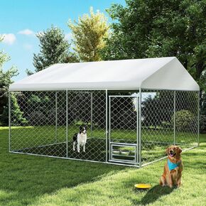 Rovibek 10x10 Ft Dog Kennel Outside, Outdoor Dog Kennel with Roof, Dog Kennels Outdoor with Steel Rotating Feeder Bowls, Outside Kennel for Large Dogs in Kuwait