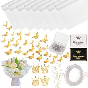 Fesorsi 20 Sheets ورقة زهرية سوداء ، ورق لف زهرة باقة مع 48 قطعة ثلاثية الأبعاد الفراشة الذهب ، وورقة تغليف الزهرة مناسبة لصنع باقات ، وترتيبات الأزهار DIY in Kuwait