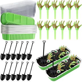24 Set Halloween Zombie Hands Decorations Green Skeleton Hands Cake Toppers Mini Halloween Baking Pans with Lids and Shovel Spoons Horror Spooky Desserts for Zombie Birthday Party Decoration in Kuwait