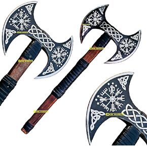 Dark Warrior/> الفأس المزدوج في العصور الوسطى - الفأس مزدوج الوجهين - محفور كامل على حد سواء برأس الفايكينج فيغفيسير/الفأس المنحوت مع عمود ومغلف جلدي. in Kuwait