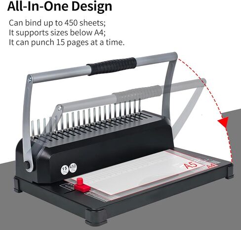 Comb Binding Machine, 21-Hole, 450 Sheets Capacity, Punch up to 12 Sheets,Punch Comb Binder Machines for Letter Size A5/A4 Paper with 100pcs 1/4" Binding Spines in Kuwait