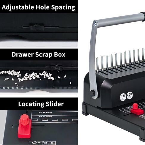 Comb Binding Machine, 21-Hole, 450 Sheets Capacity, Punch up to 12 Sheets,Punch Comb Binder Machines for Letter Size A5/A4 Paper with 100pcs 1/4" Binding Spines in Kuwait