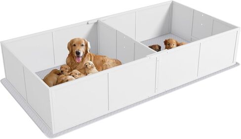 PawHut Whelping Box for Dogs and Puppies, Whelping Pen with Washable Waterproof Pee Pad & Adjustable Door for Large, Medium and Small Dogs, White, 96" x 47" x 19" in Saudi Arabia