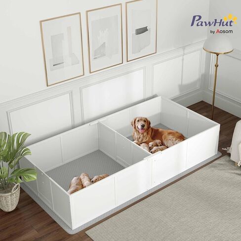 PawHut Whelping Box for Dogs and Puppies, Whelping Pen with Washable Waterproof Pee Pad & Adjustable Door for Large, Medium and Small Dogs, White, 96" x 47" x 19" in Saudi Arabia