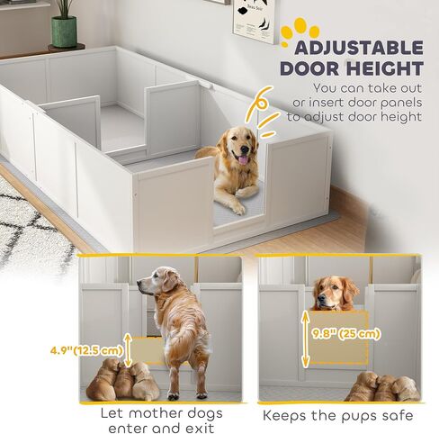 PawHut Whelping Box for Dogs and Puppies, Whelping Pen with Washable Waterproof Pee Pad & Adjustable Door for Large, Medium and Small Dogs, White, 96" x 47" x 19" in Saudi Arabia