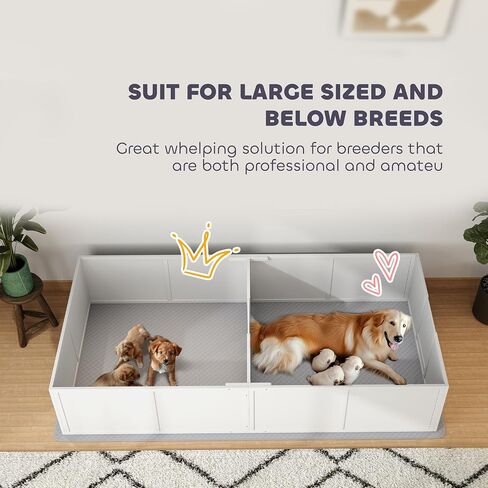 PawHut Whelping Box for Dogs and Puppies, Whelping Pen with Washable Waterproof Pee Pad & Adjustable Door for Large, Medium and Small Dogs, White, 96" x 47" x 19" in Saudi Arabia