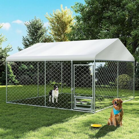 Rovibek 10x10 Ft Dog Kennel Outside, Outdoor Dog Kennel with Roof, Dog Kennels Outdoor with Steel Rotating Feeder Bowls, Outside Kennel for Large Dogs in Kuwait
