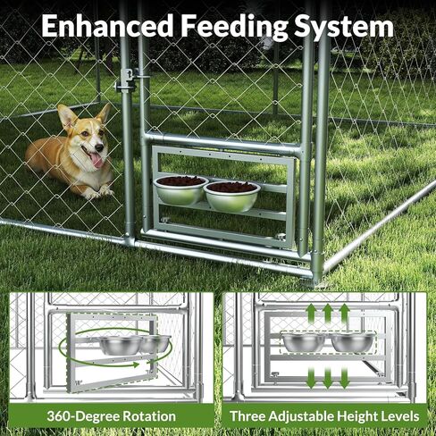 Rovibek 10x10 Ft Dog Kennel Outside, Outdoor Dog Kennel with Roof, Dog Kennels Outdoor with Steel Rotating Feeder Bowls, Outside Kennel for Large Dogs in Kuwait
