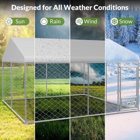 Rovibek 10x10 Ft Dog Kennel Outside, Outdoor Dog Kennel with Roof, Dog Kennels Outdoor with Steel Rotating Feeder Bowls, Outside Kennel for Large Dogs in Kuwait