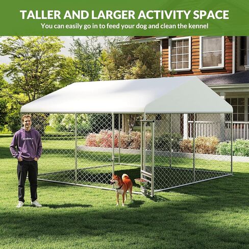 Rovibek 10x10 Ft Dog Kennel Outside, Outdoor Dog Kennel with Roof, Dog Kennels Outdoor with Steel Rotating Feeder Bowls, Outside Kennel for Large Dogs in Kuwait