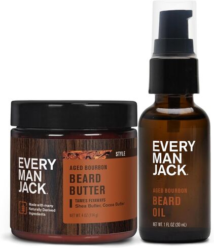 Every Man Jack Beard Oil & Beard Butter Bundle - Aged Bourbon Fragrance - Rejuvenates, Hydrates & Styles Dry Beards - Naturally Derived with Cocoa Butter and Shea Butter in Kuwait
