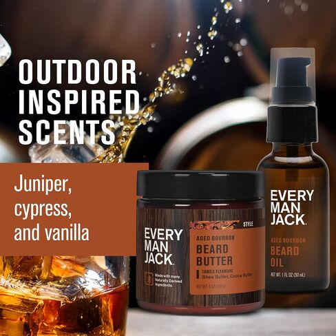 Every Man Jack Beard Oil & Beard Butter Bundle - Aged Bourbon Fragrance - Rejuvenates, Hydrates & Styles Dry Beards - Naturally Derived with Cocoa Butter and Shea Butter in Kuwait