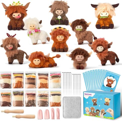 WATINC Highland Cow Needle Felting Kit - Set of 10 Different Highland Cow Doll Wool Felt Needle Felting Tools Foam Pad, DIY Home Decoration Needle Felting Craft Party Supplies for Beginners (30Pcs) in Saudi Arabia