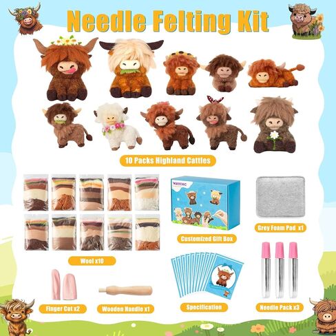 WATINC Highland Cow Needle Felting Kit - Set of 10 Different Highland Cow Doll Wool Felt Needle Felting Tools Foam Pad, DIY Home Decoration Needle Felting Craft Party Supplies for Beginners (30Pcs) in Saudi Arabia