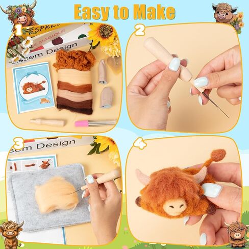 WATINC Highland Cow Needle Felting Kit - Set of 10 Different Highland Cow Doll Wool Felt Needle Felting Tools Foam Pad, DIY Home Decoration Needle Felting Craft Party Supplies for Beginners (30Pcs) in Saudi Arabia