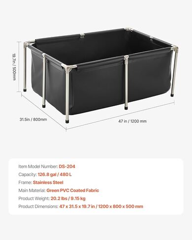 بركة أسماك Vevor Canvas ، 270 جالًا فوق بركة الأسماك الأرضية ، خزان PVC Koi مع لوحة عرض واضحة ، خزان ذهبي مستطيل مع إطار من الفولاذ المقاوم للصدأ وصمام التصريف ، لتربية الكوي ، الري (أسود) in Saudi Arabia