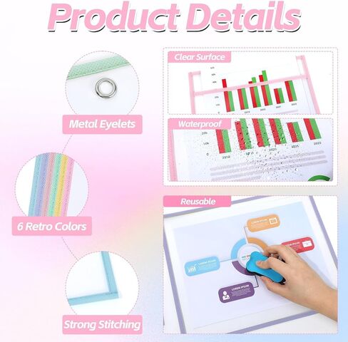 12 Pack Dry Erase Pockets 6 Assorted Colors 8.5 x 11 Inch Clear Plastic Sheet Protectors Dry Erase Pocket Sleeves Teacher School Office Supplies (Vintage) in Saudi Arabia