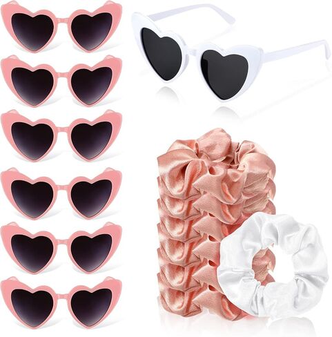 Flutesan 7 Heart Shaped Sunglasses 7 Satin Bridesmaid Scrunchies Party Favor Hair Ties Bachelorette Wedding Gifts Women Girls(Black, White) in Saudi Arabia