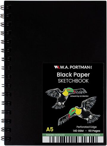 WA Portman Black Paper Sketchbook - A5 (6 "x 8.25") كراسة رسم أسود للرسم - 140 GSM 60 صفحة (30 ورقة) Drawing Pad Journal - لوحة رسم مثالية للأطفال والبالغين in Kuwait