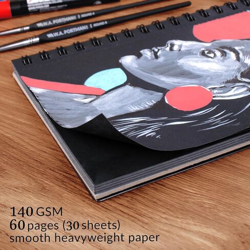 WA Portman Black Paper Sketchbook - A5 (6 "x 8.25") كراسة رسم أسود للرسم - 140 GSM 60 صفحة (30 ورقة) Drawing Pad Journal - لوحة رسم مثالية للأطفال والبالغين in Kuwait