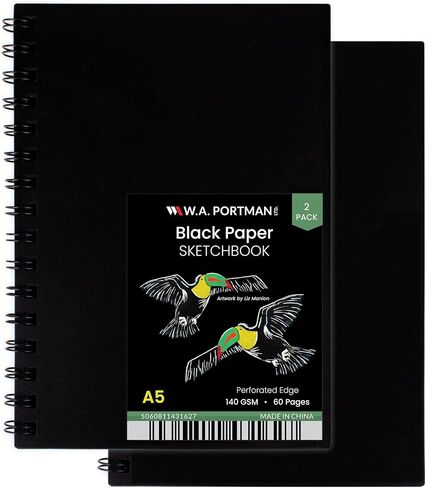 WA Portman Black Paper Sketchbook - A5 (6 "x 8.25") كراسة رسم أسود للرسم - 140 GSM 60 صفحة (30 ورقة) Drawing Pad Journal - لوحة رسم مثالية للأطفال والبالغين in Kuwait