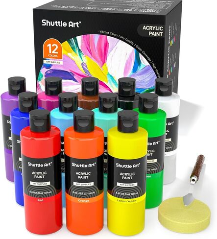 Shuttle Art 12 Colors Acrylic Paint, 250ml/8.45oz Bottles Acrylic Paint Set, Rich Pigments, Bulk Painting Supplies for Artists, Beginners and Kids Painting on Rocks Crafts Canvas Wood in Saudi Arabia