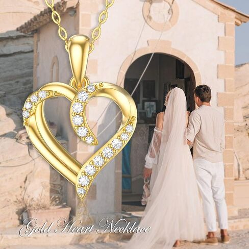 عقد من الذهب عيار 14 قيراط للنساء بدلاية على شكل قلب مزدوج من الذهب الخالص، هدايا مجوهرات الحب للزوجة والام والصديقة وعيد الام، 18 انش in Saudi Arabia