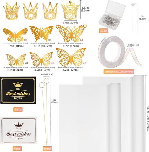 Fesorsi 20 Sheets ورقة زهرية سوداء ، ورق لف زهرة باقة مع 48 قطعة ثلاثية الأبعاد الفراشة الذهب ، وورقة تغليف الزهرة مناسبة لصنع باقات ، وترتيبات الأزهار DIY in Kuwait