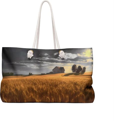 Golden Harvest: Weekender Tote Bag | Vivid Serene Country Rural Wheat Fields | Canvas Travel Overnight Beach Pool Shoulder Bag 24" × 13" in Saudi Arabia
