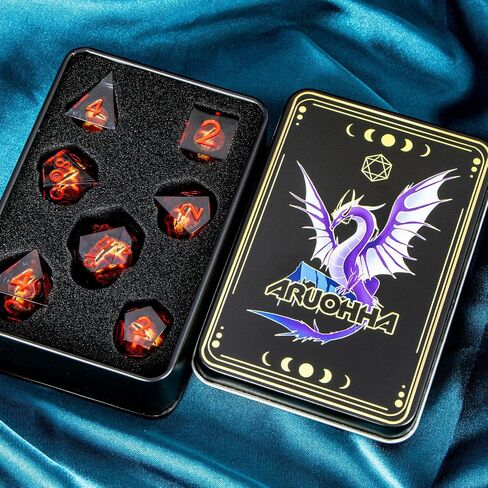 Aruohha DND Resin Dice يحدق بالعين الزهر السائل الأساسي Flaming RPG زهر حافل حافل مع مربع الهدايا ، مجموعة Polyhedral D و D Dice متوافقة مع Dungeons Dragons لعب لعبة D20 D12 D8 D8 D6 in Kuwait
