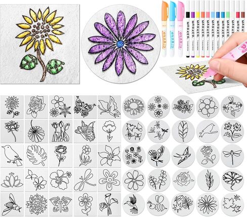 Maitys 65 Pcs Pre-Designed Magic Foam Texture Paper Painting Kit, 3 x 3'' White Foam Texture Paper with Colors Marker Water Brushes for 3D Craft Drawing DIY(Animals) in Saudi Arabia