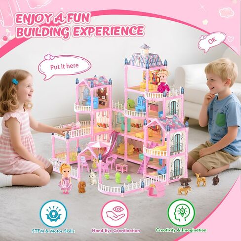 Doll House for Girls, Dream Dollhouse 4-Story 15 Rooms with 2 Dolls, Lights, Animals, Furniture and Accessories, Pretend-Play Toddler Playhouse Gift for 3 4 5 6 7 8 9 10+ Year Old Girls Toys in Saudi Arabia