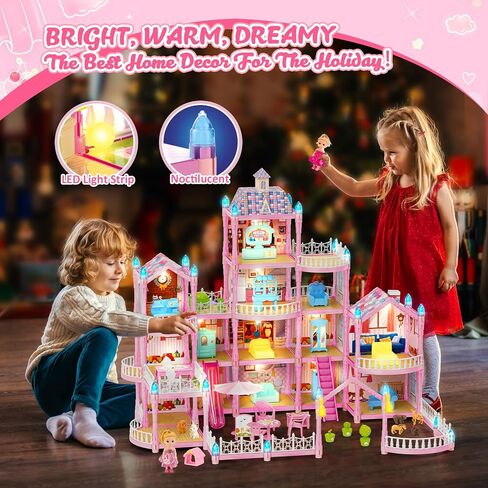 Doll House for Girls, Dream Dollhouse 4-Story 15 Rooms with 2 Dolls, Lights, Animals, Furniture and Accessories, Pretend-Play Toddler Playhouse Gift for 3 4 5 6 7 8 9 10+ Year Old Girls Toys in Saudi Arabia