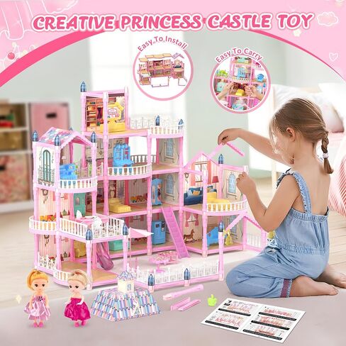Doll House for Girls, Dream Dollhouse 4-Story 15 Rooms with 2 Dolls, Lights, Animals, Furniture and Accessories, Pretend-Play Toddler Playhouse Gift for 3 4 5 6 7 8 9 10+ Year Old Girls Toys in Saudi Arabia