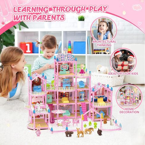 Doll House for Girls, Dream Dollhouse 4-Story 15 Rooms with 2 Dolls, Lights, Animals, Furniture and Accessories, Pretend-Play Toddler Playhouse Gift for 3 4 5 6 7 8 9 10+ Year Old Girls Toys in Saudi Arabia