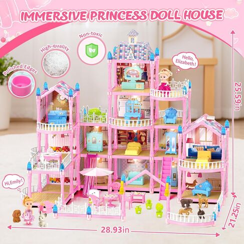 Doll House for Girls, Dream Dollhouse 4-Story 15 Rooms with 2 Dolls, Lights, Animals, Furniture and Accessories, Pretend-Play Toddler Playhouse Gift for 3 4 5 6 7 8 9 10+ Year Old Girls Toys in Saudi Arabia