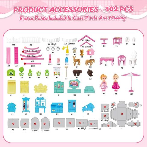 Doll House for Girls, Dream Dollhouse 4-Story 15 Rooms with 2 Dolls, Lights, Animals, Furniture and Accessories, Pretend-Play Toddler Playhouse Gift for 3 4 5 6 7 8 9 10+ Year Old Girls Toys in Saudi Arabia