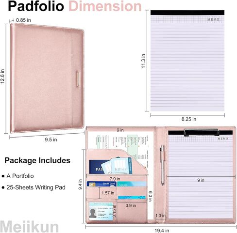 Padfolio with Clipboard, PU Leather Business Portfolio Binder, Interview Resume Folder with Card Holder, A4 Letter Document Organizer Included Writing Note Pad for School Office Conference (Rose Gold) in Kuwait