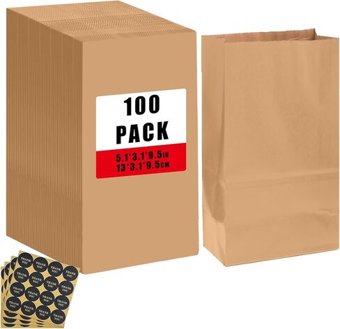 Bakepacker 100 Pcs Brown Treat Paper Bags with 100 Stickers 5.1"x3.1"x9.4" Kraft Small Party Gift Bag Snack Bag without Handle in Kuwait