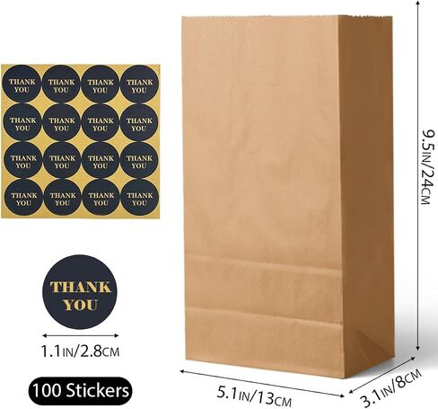 Bakepacker 100 Pcs Brown Treat Paper Bags with 100 Stickers 5.1"x3.1"x9.4" Kraft Small Party Gift Bag Snack Bag without Handle in Kuwait