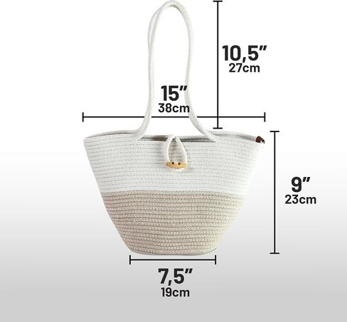 Shoulder and Hand Bag for Women, Handmade by Braided Cotton Cord, Set of 2, Bag Sizes 15"x9" and 13"x8", Beige/Off-White in Saudi Arabia
