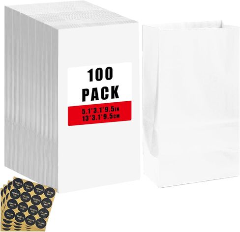 Bakepacker 100 Pcs Brown Treat Paper Bags with 100 Stickers 5.1"x3.1"x9.4" Kraft Small Party Gift Bag Snack Bag without Handle in Kuwait