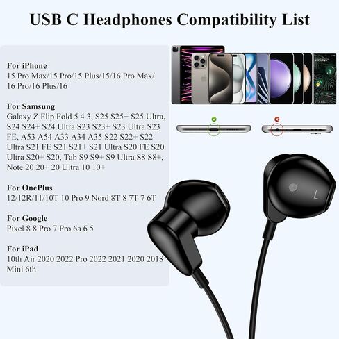 USB C Headphones Wired Earbuds for Apple iPad iPhone 15 Pro Samsung Galaxy A35 S24+ S23 S22 Type C Earphones Women Girls Android Headset Microphone Volume Control for Google Pixel 8 Pro 7 6a OnePlus in Saudi Arabia