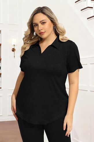 RITERA Plus Size Tops for Womens Polo Shirt Zipper Tshirt Office Business V Neck Tunic Work Blouses Dressy Collared Clothes in Kuwait