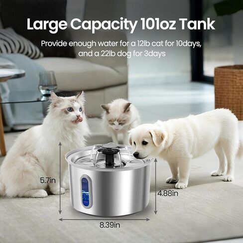 3L/101oz من الفولاذ المقاوم للصدأ من الفولاذ المقاوم للصدأ نافورة للاستخدام الداخلي - نافذة LED تلقائية هادئة ، خالية من BPA للقطط/الكلاب الصغيرة (الفضة+2 مرشحات+2 إسفنجية ، كبيرة) in Kuwait
