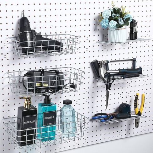 8 قطع من سلال Pegboard رفوف لوحية مربعة الشكل وسلال رف سلكية وصناديق منظم حائط ومرفقات لتنظيم أدوات مختلفة وإكسسوارات طاولة العمل وتخزين المرآب (أسود، S، M، L، XL) in Kuwait