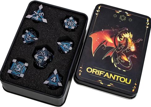 7pcs metal dnd dice مجموعة مع مربع ، حطام RPG Black Blue D و D Dice للاستخدام مع ألعاب D&D دور لعب لعبة Polyhedral Dice Set D20 D12 D10 D8 D6 D6 in Kuwait