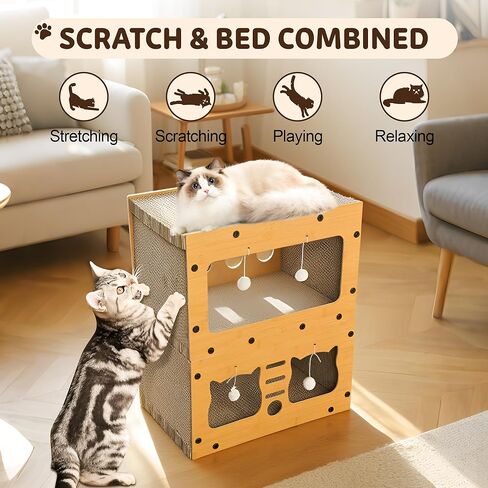 منزل قط المقر من الورق المقوى ، منزل خدش القط للطبقة المزدوجة للقطط الداخلية ، والخدش والنوم 2 في تصميم واحد ، ودائم وسهل تجميع سرير الخدش مع لوحة الخدش ولعب الكرة المعلقة in Kuwait