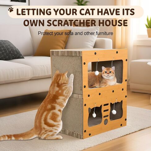 منزل قط المقر من الورق المقوى ، منزل خدش القط للطبقة المزدوجة للقطط الداخلية ، والخدش والنوم 2 في تصميم واحد ، ودائم وسهل تجميع سرير الخدش مع لوحة الخدش ولعب الكرة المعلقة in Kuwait